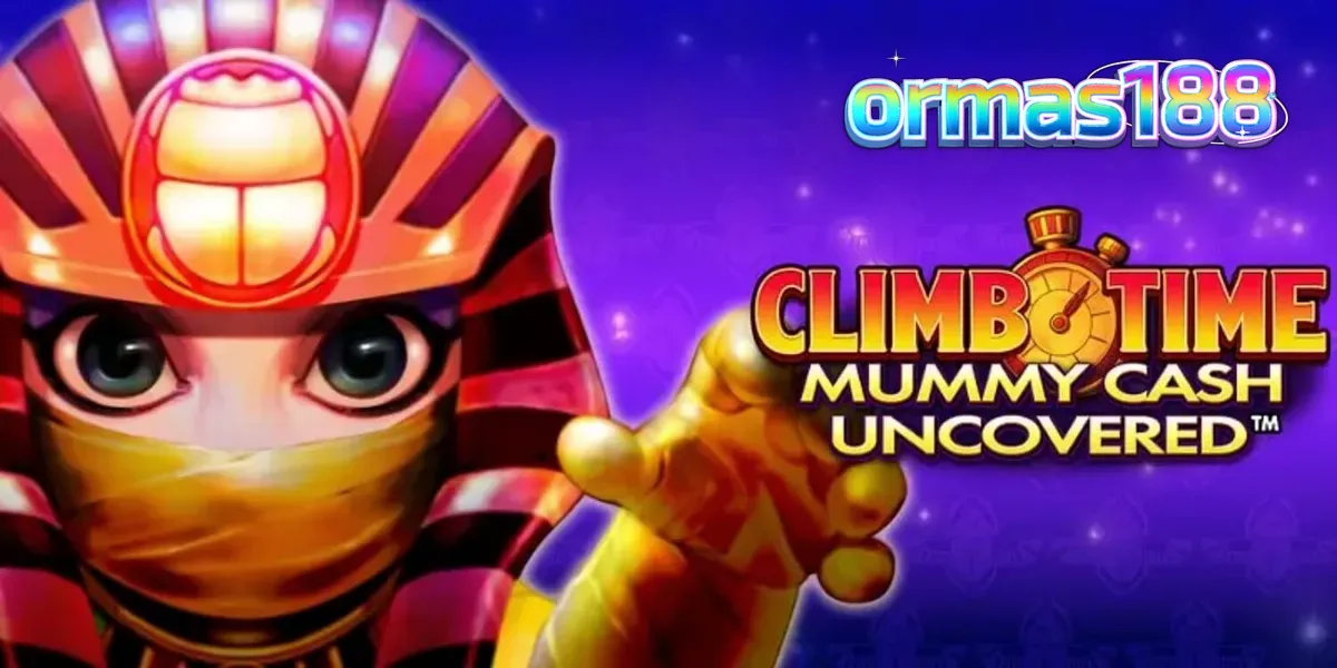 Tampilan visual slot Climb Time Mummy Cash Uncovered dengan latar belakang malam Mesir